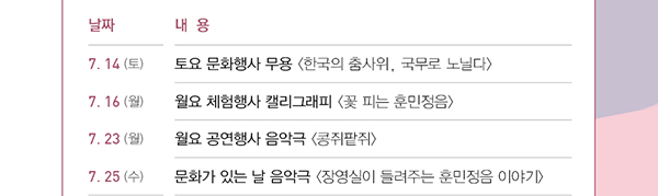 날짜, 내용, 7.14(토) 토요 문화행사, 무용, 한국의 춤사위, 국무로 노닐다, 7.16(월), 월요 체험행사, 캘리그래피 꽃 피는 훈민정음, 7.23(월), 월요 공연행사 음악회, 한글이 아름다운 광고음악, 7.25(수),  문화가 있는 날, 창작국악, 장영실이 들려주는 훈민정음 이야기