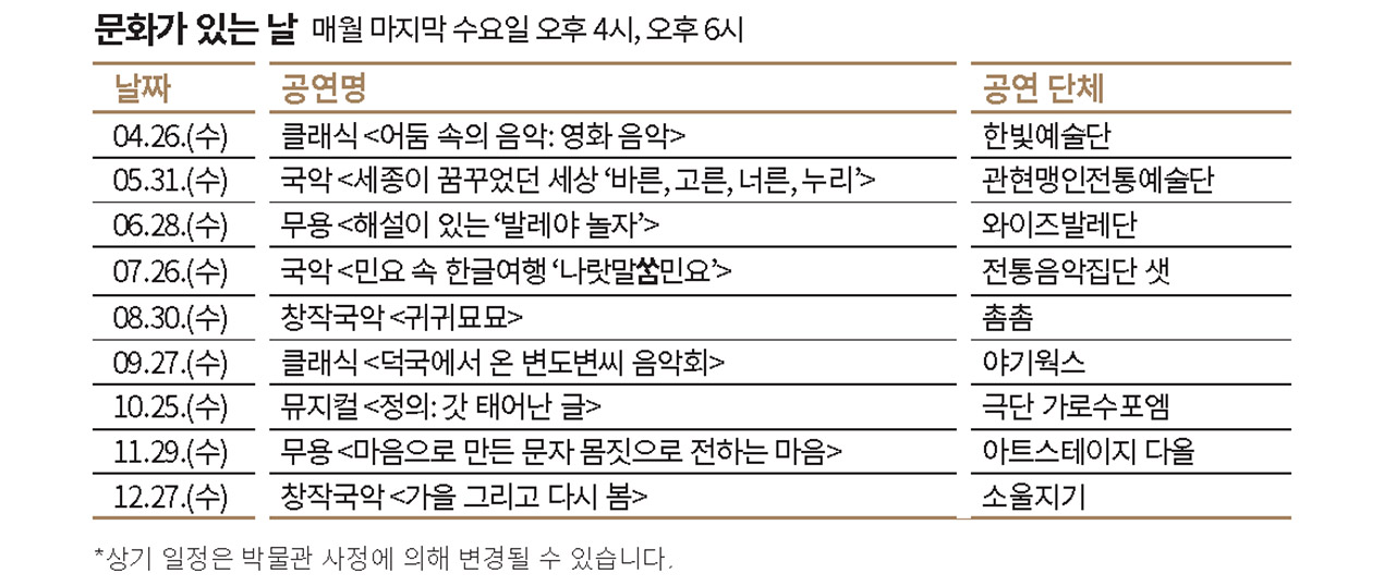 문화가 있는 날 매월 마지막 수요일 오후 4시, 오후 6시, 4.26.(수), 클래식 어둠 속의 음악: 영화 음악, 공연 단체 : 효정 한빛예술단, 5.31.(수), 국악 세종이 꿈꾸었던 세상 바른, 고른, 너른, 누리, ,공연 단체 : 관현맹인전통예술단, 6.28.(수), 무용 해설이 있는 발레야 놀자, 공연 단체 : 와이즈발레단, 7.26.(수), 국악 민요 속 한글여행 나랏말쌈민요, 공연 단체 : 전통음악집단 샛 , 8.30.(수), 창작국악 귀귀묘묘 , 공연 단체 : 촘촘, 9.27.(수), 클래식 덕국에서 온 변도변씨 음악회 , 공연 단체 : 야기웍스, 10.25.(수), 뮤지컬 정의: 갓 태어난 글, 공연 단체 : 극단 가로수포엠, 11.29.(수), 무용 마음으로 만든 문자 몸짓으로 전하는 마음,  공연 단체 : 아트스테이지 다올, 12.27.(수), 창작국악 가을 그리고 다시 봄, 공연 단체 : 소울지기, 상기 일정은 박물관 사정에 의해 변경될 수 있습니다.