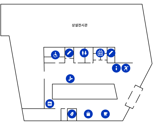 지상 2층 안내도 : 주 출입구로 들어오면 오른쪽 상설전시실 출구와 안내데스크와 유모차/휠체어 대여소가 있고,  안내데스크 기준으로 왼쪽으로 엘리베이터, 화장실(일반), 계단, 장애인 화장실이 차례로 나온다.  주 출입구에서 앞으로 가면 상설전시실 입구가 있다. 왼쪽 앞으로 가면 카페가 있고, 그 다음 문화상품점이 있고, 그 옆에 수유실이 있고, 그 다음 물품보관함이 있다.  주 출입구에서 앞으로 가면 3층으로 올라가는 에스컬레이터가 있다. 