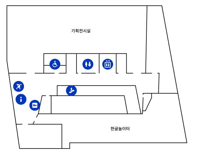 지상 3층 안내도 : 엘리베이터에서 나오면 좌측에 비상계단이 있고, 우측에 화장실(일반)이 있고 앞쪽으로 가면 2층으로 내려가는 계단이 있다. 좌측에는 에스컬레이터가 있고, 우측에는 화장실(장애인)이 있다. 앞으로 조금 가면 우측에 기획전시실 입구가 있고, 좌측에 물품보관함과 안내데스크가 있다. 안내데스크를 끼고 좌측으로 돌아 앞으로 가면 한글놀이터 입구가 있다.