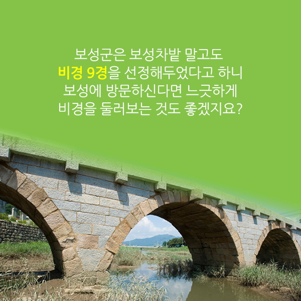 보성군은 보성차밭 말고도 비경 9경을 선정해두었다고 하니 보성에 방문하신다면 느긋하게 비경을 둘러보는 것도 좋겠지요?