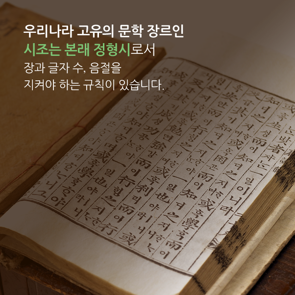 우리나라 고유의 문학 장르인 시조는 본래 정형시로서 장과 글자 수, 음절을 지켜야 하는 규칙이 있습니다.