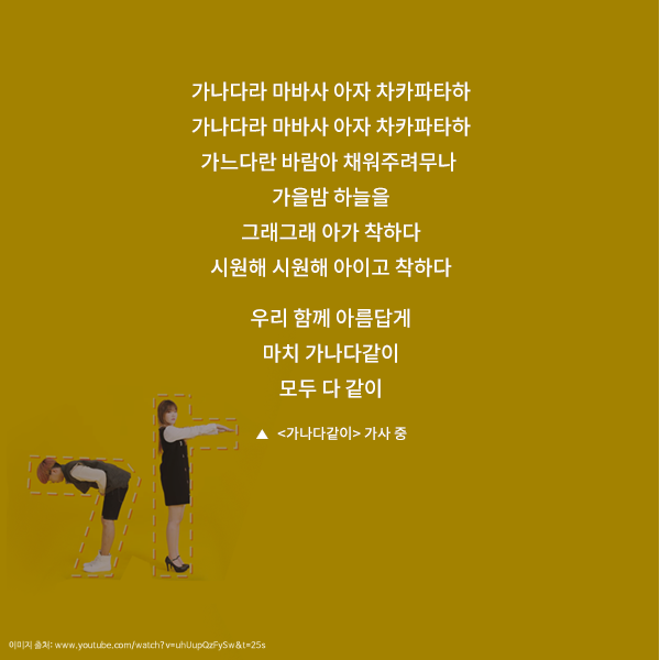 가나다라 마바사 아자 차카파타하 가나다라 마바사 아자 차카파타하 가느다란 바람아 채워주려무나 가을밤 하늘을 그래그래 아가 착하다 시원해 시원해 아이고 착하다 우리 함께 아름답게 마치 가나다같이 모두 다 같이 ▲ 가나다같이 가사 중