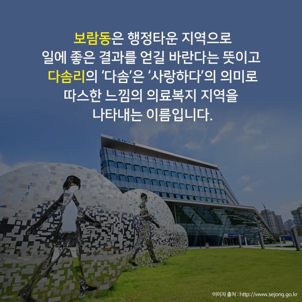 보람동은 행정타운 지역으로 일에 좋은 결과를 얻길 바란다는 뜻이고 다솜리의 ‘다솜’은 ‘사랑하다’의 의미로 따스한 느낌의 의료복지 지역을 나타내는 이름입니다.
