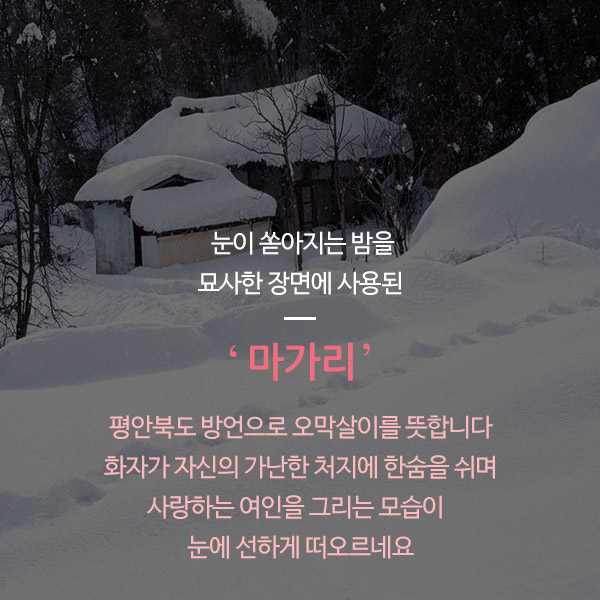 눈이 쏟아지는 밤을묘사한 장면에 사용된 ‘마가리’ 평안북도 방언으로 오막살이를 뜻합니다. 화자가 자신의 가난한 처지에 한숨을 쉬며 사랑하는 여인을 그리는 모습이 눈에 선하게 떠오르네요.