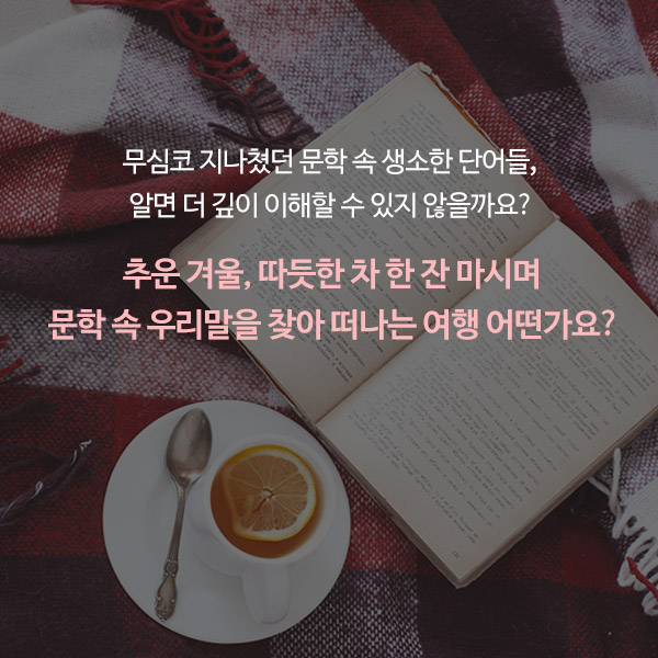 무심코 지나쳤던 문학 속 생소한 단어들, 알면 더 깊이 이해할 수 있지 않을까요? 추운 겨울, 따듯한 차 한 잔 마시며 문학 속 우리말을 찾아 떠나는 여행 어떤가요?