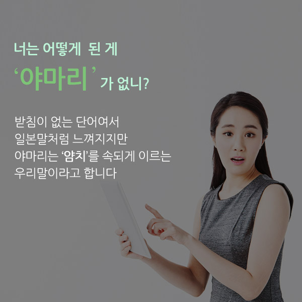 너는 어떻게 된게 ‘야마리’가 없니? 받침이 없는 단어여서 일본말처럼 느껴지지만 야마리는 ‘얌치’를 속되게 이르는 우리말이라고 합니다.