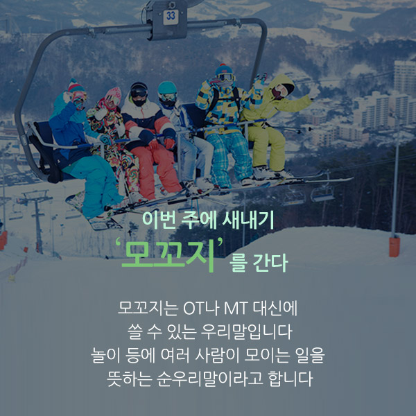 이번 주에 새내기 ‘모꼬지’를 간다. 모꼬지는 OT나 MT 대신에 쓸 수 있는 우리말입니다. 놀이 등에 여러 사람이 모이는 일을 뜻하는 순우리말이라고 합니다.