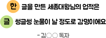 한글을 만든 세종대왕님의 업적은 글썽글썽 눈물이 날 정도로 감명이에요 - 김○○ 독자