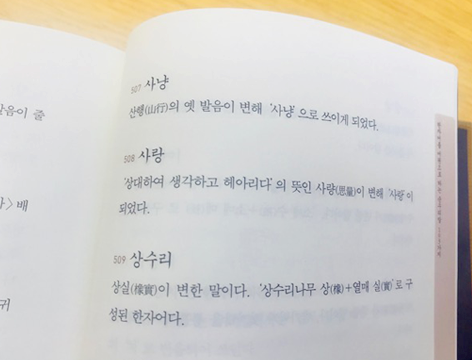 
책의 한 부분에 사랑의 정의가 적혀있다 / 사랑 - ‘상대하여 생각하고 헤아리다’의 뜻인 사랑이 변해 ‘사랑’이 되었다.