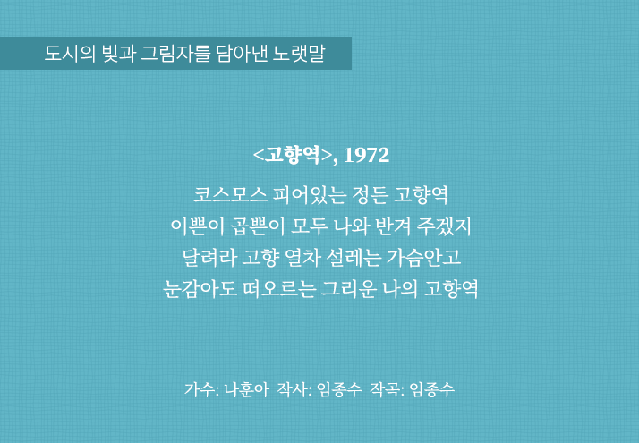 도시의 빛과 그림자를 담아낸 노랫말
                                <고향역>, 1972
                                코스모스 피어있는 정든 고향역
                                이쁜이 곱쁜이 모두 나와 반겨 주겠지
                                달려라 고향 열차 설레는 가슴안고
                                눈감아도 떠오르는 그리운 나의 고향역
                                가수: 나훈아 작사: 임종수 작곡: 임종수