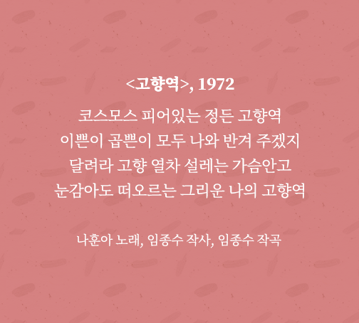 
<고향역> 가사 전문. 코스모스 피어있는 정든 고향역 이쁜이 곱쁜이 모두 나와 반겨 주겠지 달려라 고향 열차 설레는 가슴안고 눈감아도 떠오르는 그리운 나의 고향역