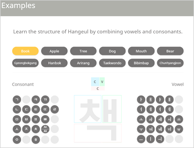 누리 한글배움터 페이지 캡처 화면. “Learn the structure of Hangeul by combining vowels and consonants.”란 예문 아래로 ‘Block’, ‘Apple’, ‘Tree’, ‘Dog’, ‘Mouth’, ‘Bear’, ‘Gyeongbokgung’, ‘Hanbok’, ‘Arirang’, ‘Taekwondo’, ‘Bibimbap’ 등의 목록이 펼쳐져 있다. 그 아래로는 좌측에 자음이 적혀있고, 가운데에 글자를 합성할 공간, 우측에 모음이 모여 있다. 