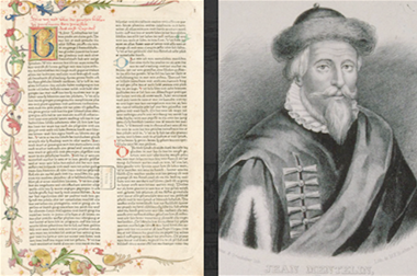 최초의 독일어 성서의 모습. 종이 위에 두 개의 세로단으로 나뉘어 작은 글씨로 빼곡하게 성서의 내용이 적혀 있다. 인쇄업자 요하네스 멘텔린의 초상화. 모자를 쓰고 흰 수염이 목을 가리게 기른 인물의 모습. 