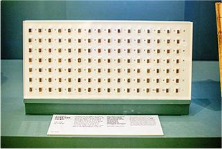 한글 금속활자들이 판 위에 가지런하게 나열되어 있다. 하단에는 금속활자와 관련된 설명이 적혀있다.