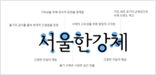 단어 ‘서울한강체’가 서울한강체 서체로 적혀있다. 각 글자의 포인트가 되는 부분에 파란색으로 표시가 되어있으며 서체에 대한 설명이 적혀있다.