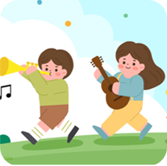 두 어린이가 나란히 잔디밭을 걸어가고 있는 그림이다. 아이들은 각자 나팔, 기타를 연주하고 있다