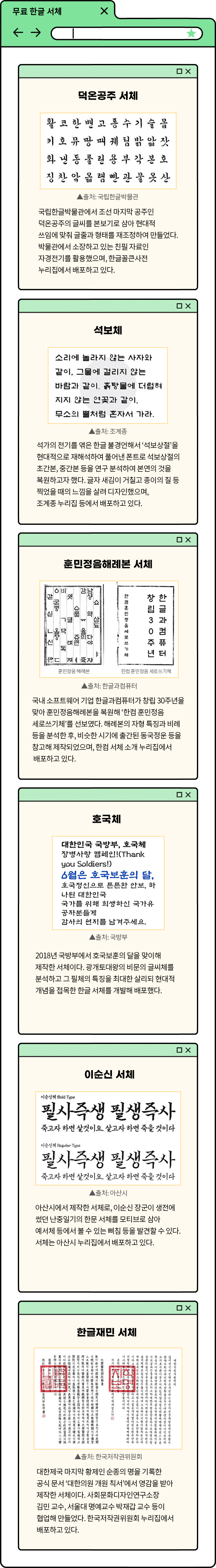 ‘무료 한글 서체’라고 적힌 녹색 폴더 안에 여러 개의 창이 떠 있다. 각 창에는 한글 서체에 대한 설명이 적혀있다. 먼저 ‘덕온공주 서체’는 ‘국립한글박물관에서 조선 마지막 공주인 덕온공주의 글씨를 본보기로 삼아 현대적 쓰임에 맞춰 글줄과 형태를 재조정하여 만들었다. 박물관에서 소장하고 있는 친필 자료인 자경전기를 활용했으며, 한글꼴큰사전 누리집에서 배포하고 있다.’고 적혀있으며 덕온공주의 붓글씨체로 적힌 글자 사진이 삽입되어 있다. 사진하단에는 ‘출처: 국립한글박물관’이 적혀있다. ‘석보체’는 ‘석가의 전기를 엮은 한글 불경언해서 ‘석보상절’을 현대적으로 재해석하여 풀어낸 폰트로 석보상절의 초간본, 중간본 등을 연구 분석하여 본연의 것을 복원하고자 했다. 글자 새김이 거칠고 종이의 질 등 찍었을 때의 느낌을 살려 디자인했으며, 조계종 누리집 등에서 배포하고 있다.’고 적혀있으며 석보체로 적힌 ‘무소의 뿔처럼 혼자서 가라.’ 문구가 적힌 사진이 삽입되어있다. 사진 하단에는 ‘출처: 조계종’이 적혀있다. ‘훈민정음해례본 서체’는 ‘국내 소프트웨어 기업 한글과컴퓨터가 창립 30주년을 맞아 훈민정음해례본을 복원해 ‘한컴 훈민정음 세로쓰기체’를 선보였다. 해례본의 자형 특징과 비례 등을 분석한 후, 비슷한 시기에 출간된 동국정운 등을 참고해 제작되었으며, 한컴 서체 소개 누리집에서 배포하고 있다.’고 적혀있으며 훈민정음 해례본과 훈민정음해례본 서체로 작성한 글자 사진이 나란히 삽입되어 있다. 사진 하단에는 ‘출처: 한글과컴퓨터’가 적혀있다. ‘호국체’는 ‘2018년 국방부에서 호국보훈의 달을 맞이해 제작한 서체이다. 광개토대왕의 비문의 글씨체를 분석하고 그 필체의 특징을 최대한 살리되 현대적 개념을 접목한 한글 서체를 개발해 배포했다.’고 적혀있으며, ‘6월은 호국보훈의 달’ 등 호국체로 쓰인 문구 사진이 삽입되어 있다. 사진 하단에는 ‘출처: 국방부’가 적혀있다. ‘이순신 서체’는 ‘아산시에서 제작한 서체로, 이순신 장군이 생전에 썼던 난중일기의 한문 서체를 모티브로 삼아 예서체 등에서 볼 수 있는 삐침 등을 발견할 수 있다. 서체는 아산시 누리집에서 배포하고 있다.’고 적혀있고, 이순신 서체로 쓰여진 ‘필사즉생 필생즉사’ 문구 사진이 삽입되어 있다. 사진 하단에는 ‘출처: 아산시’가 적혀있다. ‘한글재민 서체’는 ‘대한제국 마지막 황제인 순종의 명을 기록한 공식 문서 ‘대한의원 개원 칙서’에서 영감을 받아 제작한 서체이다. 사회문화디자인연구소장 김민 교수, 서울대 명예교수 박재갑 교수 등이 협업해 만들었다. 한국저작권위원회 누리집에서 배포하고 있다.’고 적혀있으며 한글재민 서체로 적힌 ‘대한의원 개원 칙서’ 사진이 삽입되어 있다. 사진 하단에는 ‘출처: 한국저작권위원회’가 적혀있다.