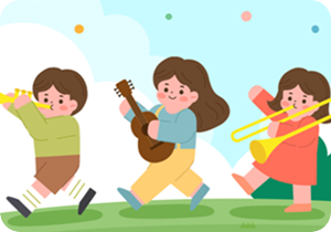 세 어린이가 나란히 잔디밭을 걸어가고 있는 그림이다. 아이들은 각자 나팔, 기타, 트럼펫을 연주하고 있다.