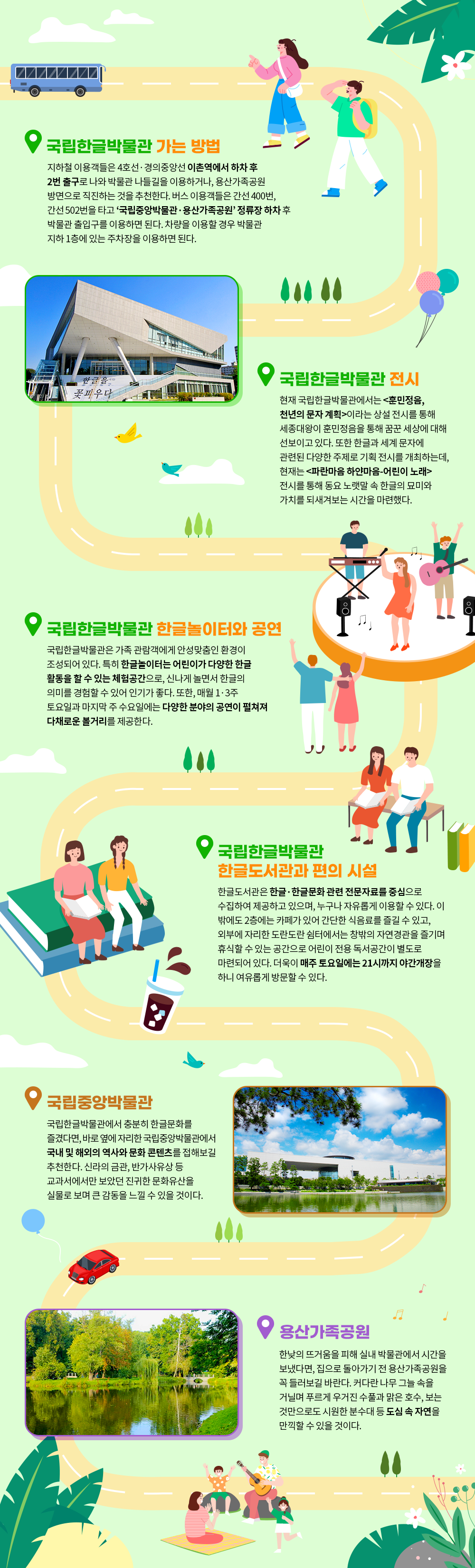 세로로 길게 노란 도로가 구불구불 이어져 있다. 도로를 따라 풀, 나무, 풍선, 버스 등이 그려져 있다. 또한 도로 중간중간 가방을 메고 소풍을 가는 아이들, 의자에 앉아 책을 읽는 사람들 등의 그림이 그려져 있다. 도로의 첫 시작에는 ‘국립한글박물관 가는 방법’, ‘지하철 이용객들은 4호선·경의중앙선 이촌역에서 하차 후 2번 출구로 나와 박물관 나들길을 이용하거나, 용산가족공원 방면으로 직진하는 것을 추천한다. 버스 이용객들은 간선 400번, 간선 502번을 타고 ‘국립중앙박물관·용산가족공원’ 정류장 하차 후 박물관 출입구를 이용하면 된다. 차량을 이용할 경우 박물관 지하 1층에 있는 주차장을 이용하면 된다.’기 적혀있다. 그 다음으로는 도로 위에 국립한글박물관 건물 전경 사진이 삽입되어 있고 그 오른쪽에 ‘국립한글박물관 전시’ , ‘현재 국립한글박물관에서는 <훈민정음, 천년의 문자 계획>이라는 상설 전시를 통해 세종대왕이 훈민정음을 통해 꿈꾼 세상에 대해 선보이고 있다. 또한 한글과 세계 문자에 관련된 다양한 주제로 기획 전시를 개최하는데, 현재는 <파란마음 하얀마음-어린이 노래> 전시를 통해 동요 노랫말 속 한글의 묘미와 가치를 되새겨보는 시간을 마련했다.’가 적혀있다. 다음으로는 공연 무대 위에서 공연을 펼치는 밴드와 관람객들 그림이 그려져 있으며 그 왼쪽에 ‘국립한글박물관 한글놀이터와 공연’, ‘국립한글박물관은 가족 관람객에게 안성맞춤인 환경이 조성되어 있다. 특히 한글놀이터는 어린이가 다양한 한글 활동을 할 수 있는 체험공간으로, 신나게 놀면서 한글의 의미를 경험할 수 있어 인기가 좋다. 또한, 매월 1·3주 토요일과 마지막 주 수요일에는 다양한 분야의 공연이 펼쳐져 다채로운 볼거리를 제공한다.’가 적혀있다. 다음으로는 책 위에 앉아 쉬는 사람들 등의 그림이 그려져 있으며 오른쪽에 ‘국립한글박물관 한글 도서관과 편의 시설’, ‘한글도서관은 한글·한글문화 관련 전문자료를 중심으로 수집하여 제공하고 있으며, 누구나 자유롭게 이용할 수 있다. 이 밖에도 2층에는 카페가 있어 간단한 식음료를 즐길 수 있고, 외부에 자리한 도란도란 쉼터에서는 창밖의 자연경관을 즐기며 휴식할 수 있는 공간으로 어린이 전용 독서공간이 별도로 마련되어 있다. 더욱이 매주 토요일에는 21시까지 야간개장을 하니 여유롭게 방문할 수 있다.’가 적혀있다. 다음으로는 국립중앙박물관 건물의 전경 사진이 삽입되어 있으며 사진 왼쪽에 ‘국립중앙박물관’, ‘국립한글박물관에서 충분히 한글문화를 즐겼다면, 바로 옆에 자리한 국립중앙박물관에서 국내 및 해외의 역사와 문화 콘텐츠를 접해보길 추천한다. 신라의 금관, 반가사유상 등 교과서에서만 보았던 진귀한 문화유산을 실물로 보며 큰 감동을 느낄 수 있을 것이다. ’이 적혀있다. 마지막으로 용산가족공원 속 호수와 풀숲의 전경 사진이 삽입되어 있으며 그 오른쪽에 ‘용산가족공원’, ‘한낮의 뜨거움을 피해 실내 박물관에서 시간을 보냈다면, 집으로 돌아가기 전 용산가족공원을 꼭 들러보길 바란다. 커다란 나무 그늘 속을 거닐며 푸르게 우거진 수풀과 맑은 호수, 보는 것만으로도 시원한 분수대 등 도심 속 자연을 만끽할 수 있을 것이다.’이 적혀있다.