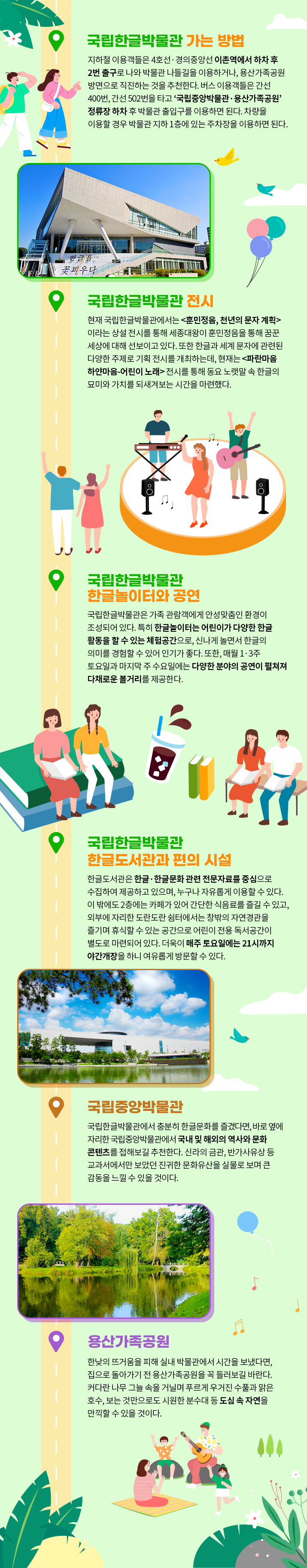 세로로 길게 노란 도로가 구불구불 이어져 있다. 도로를 따라 풀, 나무, 풍선, 버스 등이 그려져 있다. 또한 도로 중간중간 가방을 메고 소풍을 가는 아이들, 의자에 앉아 책을 읽는 사람들 등의 그림이 그려져 있다. 도로의 첫 시작에는 ‘국립한글박물관 가는 방법’, ‘지하철 이용객들은 4호선·경의중앙선 이촌역에서 하차 후 2번 출구로 나와 박물관 나들길을 이용하거나, 용산가족공원 방면으로 직진하는 것을 추천한다. 버스 이용객들은 간선 400번, 간선 502번을 타고 ‘국립중앙박물관·용산가족공원’ 정류장 하차 후 박물관 출입구를 이용하면 된다. 차량을 이용할 경우 박물관 지하 1층에 있는 주차장을 이용하면 된다.’기 적혀있다. 그 다음으로는 도로 위에 국립한글박물관 건물 전경 사진이 삽입되어 있고 그 오른쪽에 ‘국립한글박물관 전시’ , ‘현재 국립한글박물관에서는 <훈민정음, 천년의 문자 계획>이라는 상설 전시를 통해 세종대왕이 훈민정음을 통해 꿈꾼 세상에 대해 선보이고 있다. 또한 한글과 세계 문자에 관련된 다양한 주제로 기획 전시를 개최하는데, 현재는 <파란마음 하얀마음-어린이 노래> 전시를 통해 동요 노랫말 속 한글의 묘미와 가치를 되새겨보는 시간을 마련했다.’가 적혀있다. 다음으로는 공연 무대 위에서 공연을 펼치는 밴드와 관람객들 그림이 그려져 있으며 그 왼쪽에 ‘국립한글박물관 한글놀이터와 공연’, ‘국립한글박물관은 가족 관람객에게 안성맞춤인 환경이 조성되어 있다. 특히 한글놀이터는 어린이가 다양한 한글 활동을 할 수 있는 체험공간으로, 신나게 놀면서 한글의 의미를 경험할 수 있어 인기가 좋다. 또한, 매월 1·3주 토요일과 마지막 주 수요일에는 다양한 분야의 공연이 펼쳐져 다채로운 볼거리를 제공한다.’가 적혀있다. 다음으로는 책 위에 앉아 쉬는 사람들 등의 그림이 그려져 있으며 오른쪽에 ‘국립한글박물관 한글 도서관과 편의 시설’, ‘한글도서관은 한글·한글문화 관련 전문자료를 중심으로 수집하여 제공하고 있으며, 누구나 자유롭게 이용할 수 있다. 이 밖에도 2층에는 카페가 있어 간단한 식음료를 즐길 수 있고, 외부에 자리한 도란도란 쉼터에서는 창밖의 자연경관을 즐기며 휴식할 수 있는 공간으로 어린이 전용 독서공간이 별도로 마련되어 있다. 더욱이 매주 토요일에는 21시까지 야간개장을 하니 여유롭게 방문할 수 있다.’가 적혀있다. 다음으로는 국립중앙박물관 건물의 전경 사진이 삽입되어 있으며 사진 왼쪽에 ‘국립중앙박물관’, ‘국립한글박물관에서 충분히 한글문화를 즐겼다면, 바로 옆에 자리한 국립중앙박물관에서 국내 및 해외의 역사와 문화 콘텐츠를 접해보길 추천한다. 신라의 금관, 반가사유상 등 교과서에서만 보았던 진귀한 문화유산을 실물로 보며 큰 감동을 느낄 수 있을 것이다. ’이 적혀있다. 마지막으로 용산가족공원 속 호수와 풀숲의 전경 사진이 삽입되어 있으며 그 오른쪽에 ‘용산가족공원’, ‘한낮의 뜨거움을 피해 실내 박물관에서 시간을 보냈다면, 집으로 돌아가기 전 용산가족공원을 꼭 들러보길 바란다. 커다란 나무 그늘 속을 거닐며 푸르게 우거진 수풀과 맑은 호수, 보는 것만으로도 시원한 분수대 등 도심 속 자연을 만끽할 수 있을 것이다.’이 적혀있다.