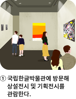 관람객들이 전시장에서 전시되어있는 미술품 작품을 구경하고 있다.① 국립한글박물관에 방문해 상설전시 및 기획전시를 관람한다.