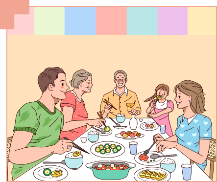 가족들이 식탁에 모여 앉아 식사를 하는 그림이다. 가운데는 할아버지가, 왼편에는 할머니와 아빠, 오른편에는 엄마와 아이가 있다. 식탁 위에는 밥을 비롯해 찌개, 반찬들이 놓여있다. 모두 미소를 지으며 맛있게 식사를 하고 있다.