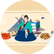 산과 꽃나무, 책이 쌓여 있는 배경에 한복을 입은 여인이 앉아있다. 그녀는 손에 책을 들고 있다. 그녀 주변으로는 떡볶이, 만두, 시루떡, 잡채 등의 음식이 놓여있다.