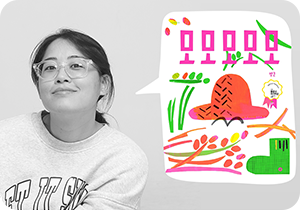 밤코 작가의 흑백 사진이다. 그녀는 투명한 뿔테 안경을 착용했고 머리를 뒤로 자연스럽게 묶었다. 또한 그녀는 편한 티셔츠를 입고 있으며 살짝 미소짓고 있다. 밤코 작가 오른쪽에는 말풍선 속에 그녀의 작품 『모모모모모』 표지가 합성되어 있다.