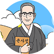 연두색 배경에 최현배 선생이 큰 사전을 들고 있는 그림이 삽입되어 있다. 최현배 선생은 흰머리가 희끗희끗 보이는 회색빛 머리에 검은색 두루마기를 입고 있다. 그는 안경을 쓰고 있으며, 한 손에는 『큰사전』을 들고 있다. 