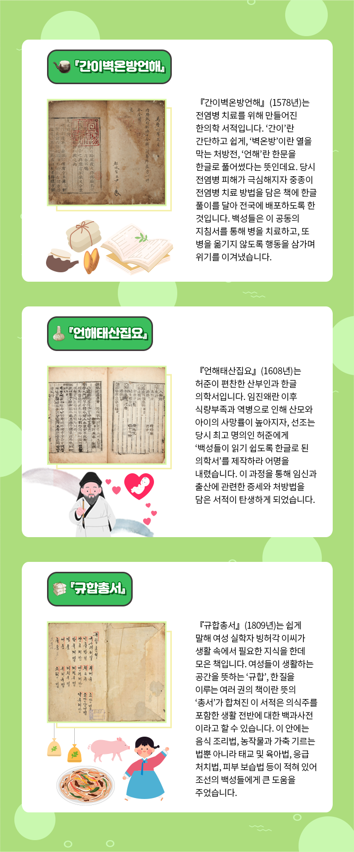 『간이벽온방언해』라는 소제목 아래 ‘『간이벽온방언해』(1578년)는 전염병 치료를 위해 만들어진 한의학 서적입니다. ‘간이’란 간단하고 쉽게, ‘벽온방’이란 열을 막는 처방전, ‘언해’란 한문을 한글로 풀어썼다는 뜻인데요. 당시 전염병 피해가 극심해지자 중종이 전염병 치료 방법을 담은 책에 한글풀이를 달아 전국에 배포하도록 한 것입니다. 백성들은 이 공동의 지침서를 통해 병을 치료하고, 또 병을 옮기지 않도록 행동을 삼가며 위기를 이겨냈습니다.’ 내용이 적혀있다. 내용 주변으로는 『간이벽온방언해』의 실물 사진과 궁중에서 약을 짓는 약사의 그림이 함께 삽입되어 있다. 약사는 한 손에는 책을 들고 있으며 다른 한 손에는 침을 들고 있다. 또한, 붉은색 긴 두루마기를 입고 머리에는 관을 쓰고 있다. 그 주변으로는 약재와 책이 날아다니고 있다. 『간이벽온방언해』 실물은 갈색으로 빛바랬으며 내용이 한자로 세로쓰기 되어있다. 왼쪽에는 커다란 붉은색 직인이 찍혀있다. 그 아래에는 『언해태산집요』 소제목과 ‘『언해태산집요』(1608년)는 허준이 편찬한 산부인과 한글 의학서입니다. 임진왜란 이후 식량부족과 역병으로 인해 산모와 아이의 사망률이 높아지자, 선조는 당시 최고 명의인 허준에게 ‘백성들이 읽기 쉽도록 한글로 된 의학서’를 제작하라 어명을 내렸습니다. 이 과정을 통해 임신과 출산에 관련한 증세와 처방법을 담은 서적이 탄생하게 되었습니다.’ 내용이 적혀있다. 내용 주변으로는 『언해태산집요』 실물 사진과 유생 그림이 삽입되어 있다. 유생은 매우 늙었으며 긴 턱수염을 기르고 있다. 그는 한 손에 붓을 들고 미소를 짓고 있다. 그의 곁에는 하트 모양 안에 잠들어 있는 갓난아이가 떠다니고 있으며, 그 곁엔 여러 유생들이 모여 ‘언해태산집요’라고 써있는 두루마리를 살펴보고 있는 그림이 삽입되어 있다. 『언해태산집요』 실물은 노랗게 빛바랬으며 한자와 한글이 섞여 세로쓰기 되어있다. 그 아래에는 『규합총서』 소제목과 함께 ‘ 『규합총서』(1809년)는 쉽게 말해 여성 실학자 빙허각 이씨가 생활 속에서 필요한 지식을 한데 모은 책입니다. 여성들이 생활하는 공간을 뜻하는 ‘규합’, 한 질을 이루는 여러 권의 책이란 뜻의 ‘총서’가 합쳐진 이 서적은 의식주를 포함한 생활 전반에 대한 백과사전이라고 할 수 있습니다. 이 안에는 음식 조리법, 농작물과 가축 기르는 법뿐 아니라 태교 및 육아법, 응급 처치법, 피부 보습법 등이 적혀있어 조선의 백성들에게 큰 도움을 주었습니다.’ 내용이 적혀있다. 내용 주변으로는 『규합총서』 실물 사진과 한복을 입은 여성, 한복을 입은 어린아이의 그림이 삽입되어 있다. 노란색 저고리에 주황색 치마를 입은 여성은 자리에 앉아 책을 읽고 있다. 그녀 주변으로는 책과 두루마리가 쌓여 있으며 벽에는 난초 그림이 걸려있다. 한복을 입은 소녀는 분홍색 저고리에 하늘색 치마를 착용했으며 그 옆엔 음식과 돼지, 약재 등이 날아다니고 있다. 『규합총서』 실물은 누렇게 빛바랬으며 왼쪽 장에 내용이 한글로 세로쓰기 되어있다.