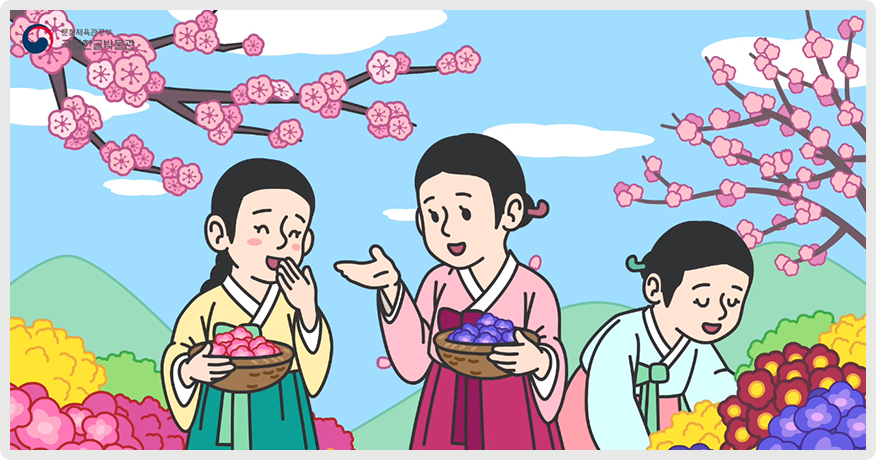 꽃이 흐드러지게 핀 동산에 조선시대 여인들이 모여 있다. 그녀들은 손에 꽃이 잔뜩 담긴 바구니를 들고 서로 이야기를 나누고 있다.
