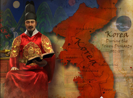 ‘KOREA’라고 적힌 붉은색 한반도 지도 옆에 한 손에 책을 든 세종대왕 그림이 그려져 있다. 세종대왕은 붉은색 곤룡포를 입고 있다.