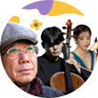 나태주시인이 오른쪽 허공을 바라보고 있다. 그는 안경과 회색 모자를 착용하고, 목에는 자주색 스카프를 두르고 있다. 나태주 시인 뒤로는 첼로를 연주하는 남성 연주자와 파란색 드레스를 입은 여성 공연자 사진이 합성되어 있다. 배경에는 작은 노란색 꽃들이 날아다니고 있다.