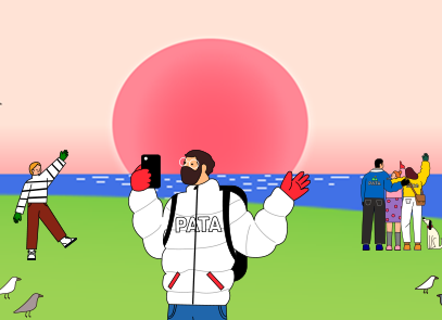녹색 들판 위에 여러 사람과 바다, 태양이 함께 보이는 그림이다. 가운데에 있는 남성은 하얀 패딩을 입고 빨간 장갑을 꼈으며, 오른손엔 휴대전화를 들고 있다. 왼쪽에 있는 남성은 왼팔과 왼발을 뻗고 있다. 오른쪽에 있는 세 명은 태양을 바라보고 있고, 옆엔 강아지가 앉아있다. 들판에 앉아있는 새들도 보인다. 