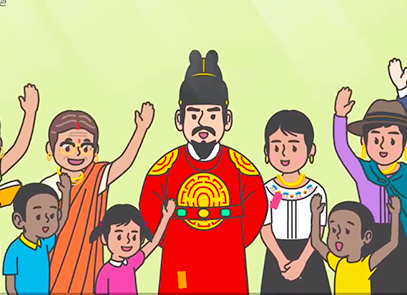 한박튜브 기사 그림. 뒷짐을 지고 있는 세종대왕이 가운데에 서 있는 그림이다. 양옆에는 세계 각국의 남녀노소 사람들이 가운데를 향해있다.