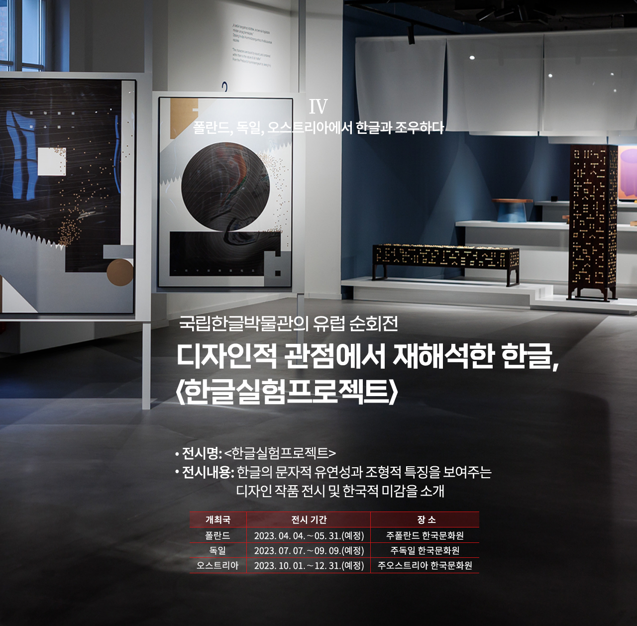 국립한글박물관의 유럽 순회전 설명이다. 디자인적 관점에서 재해석한 한글, ‘한글실험프로젝트’라고 함께 적혀있으며, 상단엔 ‘폴란드, 독일, 오스트리아에서 한글과 조우하다’라고 적혀있다. 오른쪽 하단엔 ‘전시명: 한글실험프로젝트, 전시내용: 한글의 문자적 유연성과 조형적 특징을 보여주는 디자인 작품 전시 및 한국적 미감을 소개, 개최국 폴란드, 전시기간: 2023.04.04~05.31(예정), 장소: 주폴란드 한국문화원, 독일, 2023.07.07~09.09(예정), 주독일 한국문화원, 오스트리아, 2023.10.01~12.31(예정), 주오스트리아 한국문화원’ 문구가 적혀있다. 배경으로는 전시장의 전경 사진이 사용됐다. 군데군데 한글 자음이 들어간 다양한 작품과 조형물들이 있다.