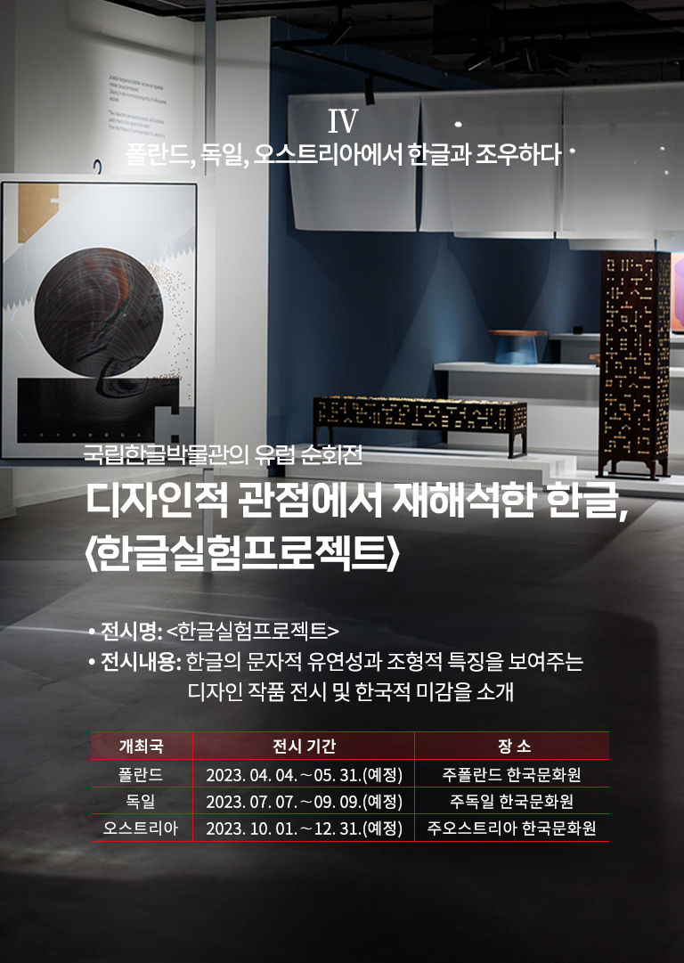 국립한글박물관의 유럽 순회전 설명이다. 디자인적 관점에서 재해석한 한글, ‘한글실험프로젝트’라고 함께 적혀있으며, 상단엔 ‘폴란드, 독일, 오스트리아에서 한글과 조우하다’라고 적혀있다. 오른쪽 하단엔 ‘전시명: 한글실험프로젝트, 전시내용: 한글의 문자적 유연성과 조형적 특징을 보여주는 디자인 작품 전시 및 한국적 미감을 소개, 개최국 폴란드, 전시기간: 2023.04.04~05.31(예정), 장소: 주폴란드 한국문화원, 독일, 2023.07.07~09.09(예정), 주독일 한국문화원, 오스트리아, 2023.10.01~12.31(예정), 주오스트리아 한국문화원’ 문구가 적혀있다. 배경으로는 전시장의 전경 사진이 사용됐다. 군데군데 한글 자음이 들어간 다양한 작품과 조형물들이 있다.