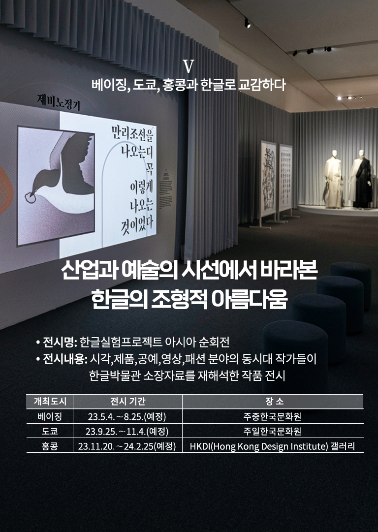 한글실험프로젝트 ‘근대 한글 연구소’ 설명이다. ‘산업과 예술의 시선에서 바라본 한글의 조형적 아름다움’이라 적혀있으며, 상단엔 ‘베이징, 도쿄, 홍콩과 한글로 교감하다’라고 적혀있다. 하단엔 ‘전시명: 제4회 한글실험프로젝트 근대 한글 연구소, 전시내용: 한글 디자인 전시를 통해 한·중·일 문자 가치 확산과 시각, 제품, 공예, 영상, 음악, 패션 분야의 동시대 작가 등 근대 한글자료를 재해석한 작품 전시, 개최도시 베이징, 전시기간: 23.5.4~8.25(예정), 주중한국문화원, 도쿄, 23.9.25~11.4(예정), 주일한국문화원, 홍콩, 23.11.20~24.2.25(예정), HKDI(Hong Kong Design Institute) 갤러리’ 문구가 적혀있다. 배경으로는 전시장의 전경 사진이 사용됐다. 제비 그림과 함께 ‘제비노정기’의 내용이 화면에 보이고, 하얀색과 하얀색, 검은색이 섞인 한 벌 옷을 입은 마네킹 2개도 놓여있다. 