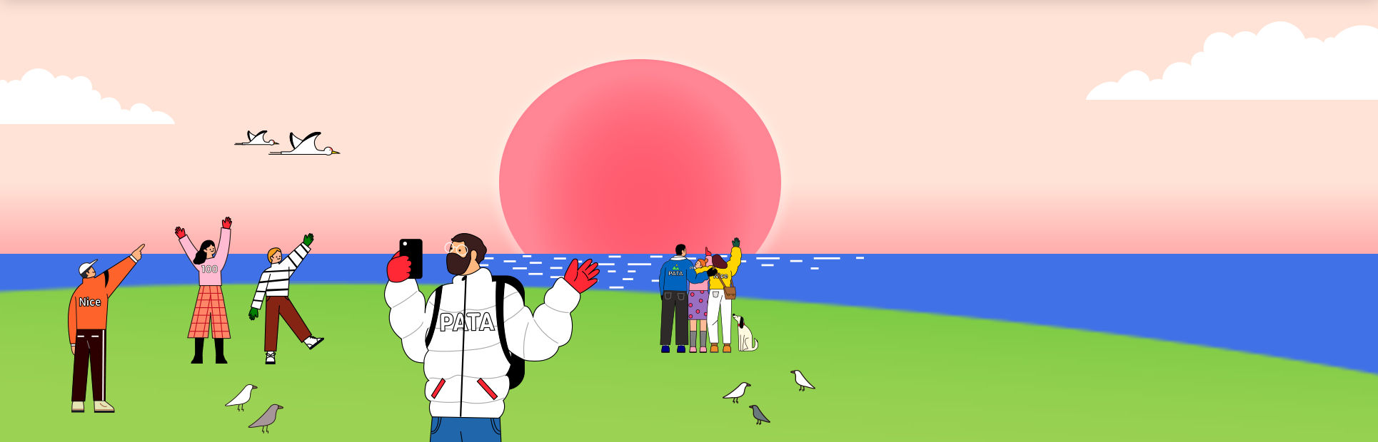 녹색 들판 위에 여러 사람과 새, 강아지가 앉아있고, 바다와 태양이 함께 보이는 그림이다. 하늘에는 새 두 마리가 날아가고 있고, 왼쪽엔 흰 구름이 있다. 가장 가운데에 있는 남성은 하얀 패딩을 입고 빨간 장갑을 꼈으며, 오른손엔 휴대전화를 들고 있다. 가장 왼쪽에 있는 남성은 태양을 가리키고 있으며, 그 옆 여성은 만세를, 옆 남성은 왼팔과 왼발을 뻗고 있다. 오른쪽에 있는 세 명은 태양을 바라보고 있고, 강아지가 그 옆에 앉아있다.