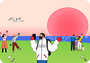 녹색 들판 위에 여러 사람과 새, 강아지가 앉아있고, 바다와 태양이 함께 보이는 그림이다. 하늘에는 새 두 마리가 날아가고 있고, 왼쪽엔 흰 구름이 있다. 가장 가운데에 있는 남성은 하얀 패딩을 입고 빨간 장갑을 꼈으며, 오른손엔 휴대전화를 들고 있다. 가장 왼쪽에 있는 남성은 태양을 가리키고 있으며, 그 옆 여성은 만세를, 옆 남성은 왼팔과 왼발을 뻗고 있다. 오른쪽에 있는 세 명은 태양을 바라보고 있고, 강아지가 그 옆에 앉아있다.