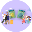 연두색 표지의 뉴욕한국학교 교과서 <한국문화 1 봄>과 <한국문화 2 가을>이 가운데에 빗겨 놓여있다. <한국문화 1 봄> 왼쪽엔 비빔밥과 꼬치 등을 든 외국인 남자 두 명이 그려져 있으며, <한국문화 2 가을> 오른쪽엔 카메라, 태극기, 인형 등을 든 외국인 여자 세 명이 그려져 있다. 배경엔 고궁 모양의 그림과 비행기, 구름이 그려져 있다.