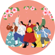 분홍색 배경 위에 무궁화 그림이 펼쳐져 있다. 아래 가운데엔 세종대왕이 양옆 사람들과 왼쪽을 바라보며 환호하고 있는 듯한 그림이 그려져 있다.