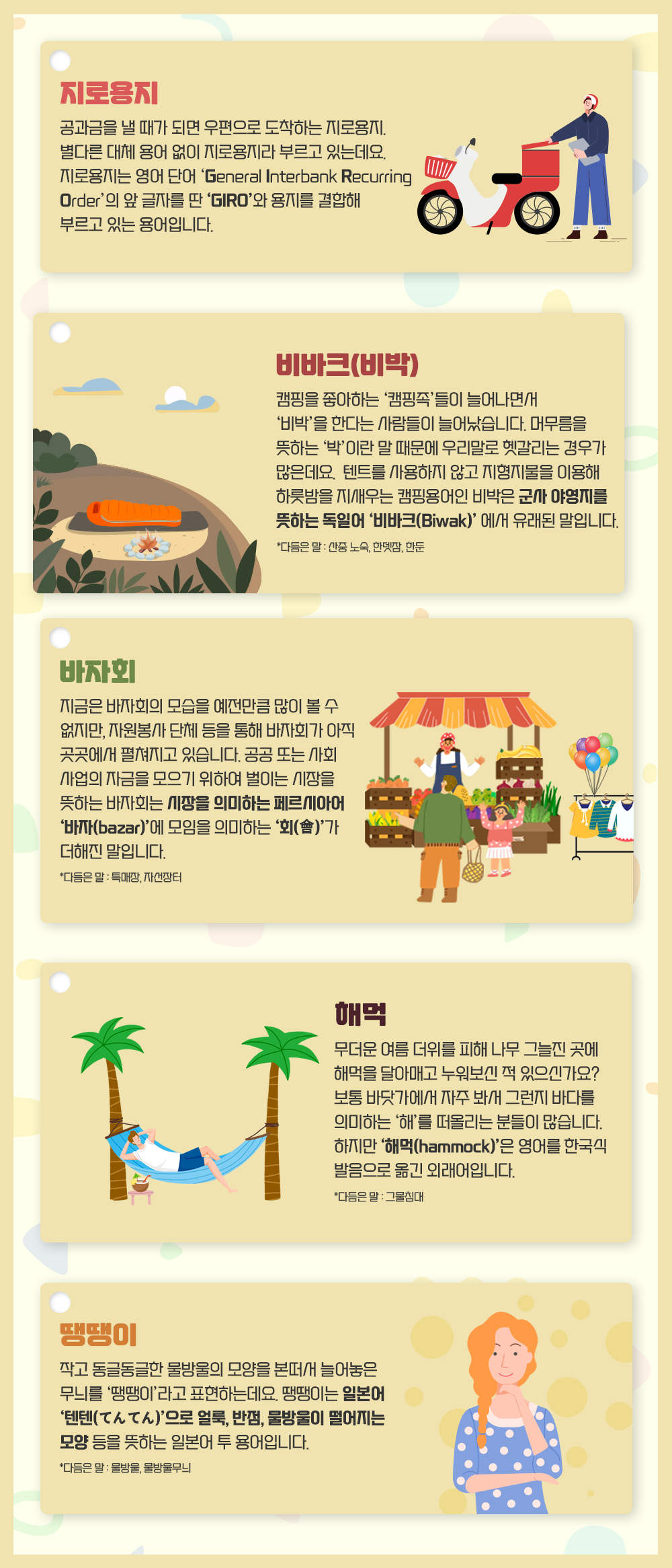 노란색 배경으로 다섯 개의 상자가 있다. 첫 번째 상자엔 지로용지, ‘공과금을 낼 때가 되면 우편으로 도착하는 지로용지. 별다른 대체 용어 없이 지로용지라 부르고 있는데요. 지로용지는 영어단어 ‘General Interbank Recurring Order’의 앞 글자를 딴 ‘GIRO’와 용지를 결합해 부르고 있는 용어입니다.’라고 적혀있고, 오른쪽엔 집배원과 빨간색 오토바이 그림이 있다. 두 번째 상자엔 비바크(비박), ‘캠핑을 좋아하는 ‘캠핑족’들이 늘어나면서 ‘비박’을 한다는 사람들이 늘어났습니다. 머무름을 뜻하는 ‘박’이란 말 때문에 우리말로 헷갈리는 경우가 많은데요. 텐트를 사용하지 않고 지형지물을 이용해 하룻밤을 지새우는 캠핑용어인 비박은 군사 야영지를 뜻하는 독일어 ‘비바크(Biwak)’에서 유래된 말입니다.’라고 적혀있다. 아래엔 작게 ‘다듬은 말:산중 노숙, 한뎃잠, 한둔’이라 적혀있으며, 왼쪽엔 산으로 보이는 곳에 주황색 침낭과 모닥불 그림이 있다. 세 번째 상자엔 바자회, ‘지금은 바자회의 모습을 예전만큼 많이 볼 수 없지만, 자원봉사 단체 등을 통해 바자회가 아직 곳곳에서 펼쳐지고 있습니다. 공공 또는 사회사업의 자금을 모으기 위하여 벌이는 시장을 뜻하는 바자회는 시장을 의미하는 페르시아어 ‘바자(bazar)’에 모임을 의미하는 ‘회(會)’가 더해진 말입니다.’라고 적혀있다. 아래엔 작게 ‘다듬은 말:특매장, 자선장터’라고 적혀있으며, 오른쪽엔 바자회 그림이 그려져 있다. 네 번째 상자엔 해먹, ‘무더운 여름 더위를 피해 나무 그늘진 곳에 해먹을 달아매고 누워보신 적 있으신가요? 보통 바닷가에서 자주 봐서 그런지 바다를 의미하는 ‘해’를 떠올리는 분들이 많습니다. 하지만 ‘해먹(hammock)’은 영어를 한국식 발음으로 옮긴 외래어입니다.’라고 적혀있다. 아래엔 ‘다음은 말:그물침대’라고 적혀있고, 왼쪽엔 야자수 사이로 하늘색 해먹을 단 남성이 누워있는 그림이 그려져 있다. 다섯 번째 상자엔 땡땡이, ‘작고 동글동글한 물방울의 모양을 본떠서 늘어놓은 무늬를 ‘땡땡이’라고 표현하는데요. 땡땡이는 일본어 ‘텐텐(てんてん)’으로 얼룩, 반점, 물방울이 떨어지는 모양 등을 뜻하는 일본어 투 용어입니다.’라고 적혀있다. 아래엔 작게 ‘다듬은 말:물방울, 물방울무늬’라고 적혀있으며, 오른쪽엔 하늘색 물방울무늬 옷을 입은 여성 그림이 그려져 있다.
