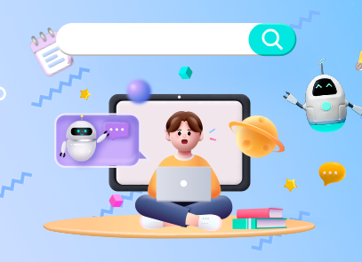 한글공감 기사 그림. 하늘색 배경에 노란색 테이블이 있는데, 남자아이가 노트북을 들고 테이블에 앉아있다. 남자아이 주위엔 인공지능 로봇이 보라색 말머리 안에 들어 있고, 행성과 별이 있으며 말풍선과 인공지능 로봇이 있다. 그 위에는 인터넷 검색창이, 검색창 옆에는 노트와 펜이 있는 그림이다.