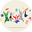상아색 배경에 형형색색의 옷을 입은 5명의 남성과 여성들이 모두 점프하고 있는 그림이다. 그 주위에는 한글 자음과 모음들이 여러 색깔로 그려져 있는데, 모두 눈, 입과 팔다리가 함께 그려져 있다.