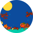 파란색 배경의 하늘 왼쪽에 노란색 보름달이 크게 떠 있고, 양옆으로 빨간 단풍나무가 그려져 있다. 아래엔 은행잎, 단풍잎, 감, 밤 등이 있는데 제각각 눈코입을 가지고 사람 형상을 하고 있다. 