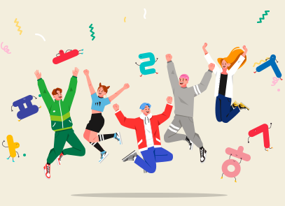 한글 이모저모 기사 그림. 상아색 배경에 형형색색의 옷을 입은 5명의 남성과 여성들이 모두 점프하고 있는 그림이다. 그 주위에는 한글 자음과 모음들이 여러 색깔로 그려져 있는데, 모두 눈, 입과 팔다리가 함께 그려져 있다.