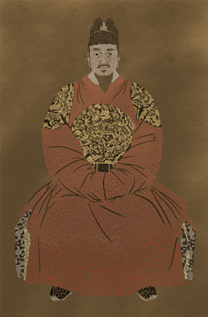 진관우 작가가 그린 세종대왕 어진 그림이다. 임금 옷을 입은 세종대왕이 의자에 앉아있는 모습이다.