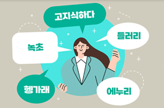 하늘색 동그란 원 안에 청록색 옷을 입은 여성이 그려져 있다. 여성 주위에는 5개의 말풍선이 둘러싸여 있는데, 각각 ‘녹초’, ‘고지식하다’, ‘들러리’, ‘에누리’, ‘헹가래’라고 적혀있다.